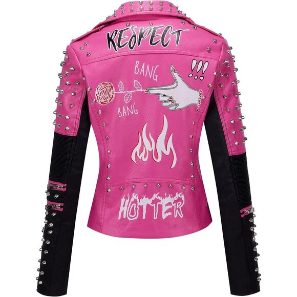 🆕 Women Pink Faux Leather Jacket Studded Rivet Spring Fall Winter Fashion Belt - Picture 2 of 6